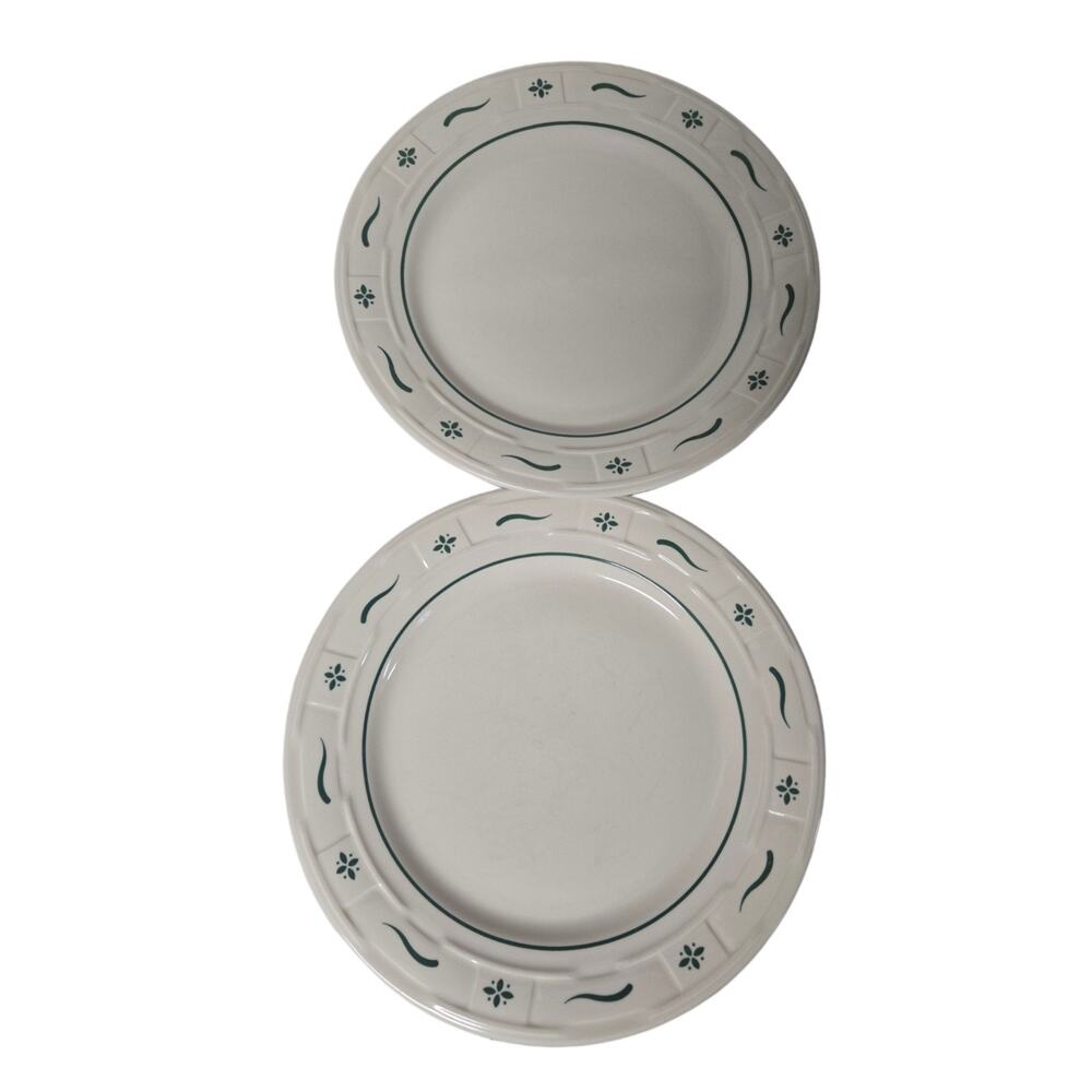 Longaberger Pottery Dinner Plates Set of 2 Cream Green Woven Traditions